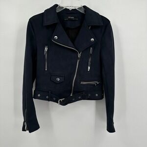 Zara Womens Moto Biker Jacket Size S Minimalist Edgy Cropped Indie Sleaze Navy